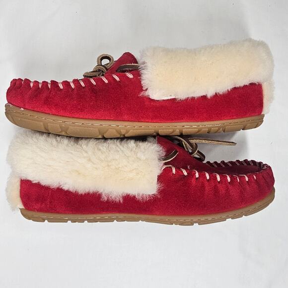 LL Bean Women's Wicked Good Moccasins Red Suede and Sherpa Slippers Size 7 - Picture 7 of 8
